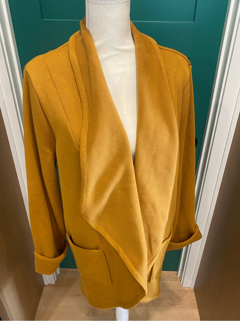 Jockey Mustard Open-Front Draped Fleece Duster Coat